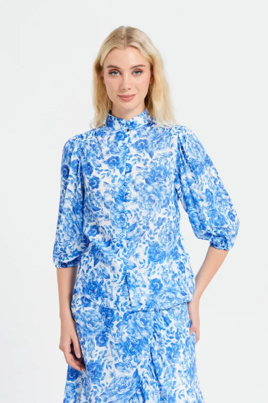 Women Blue Printed Shirt Blouse sold by Redtag