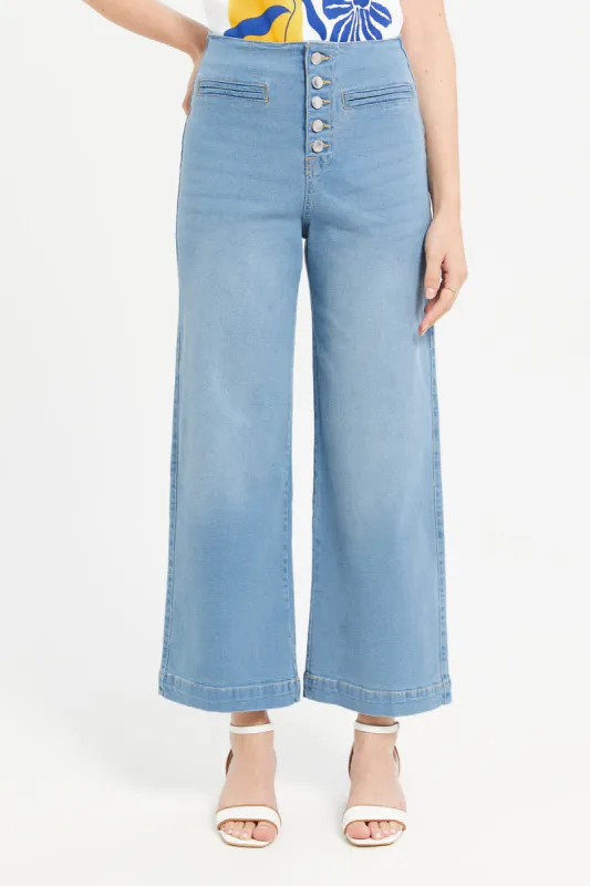 Women Blue Front Welt Pocket Wide Leg Jeans sold by Redtag