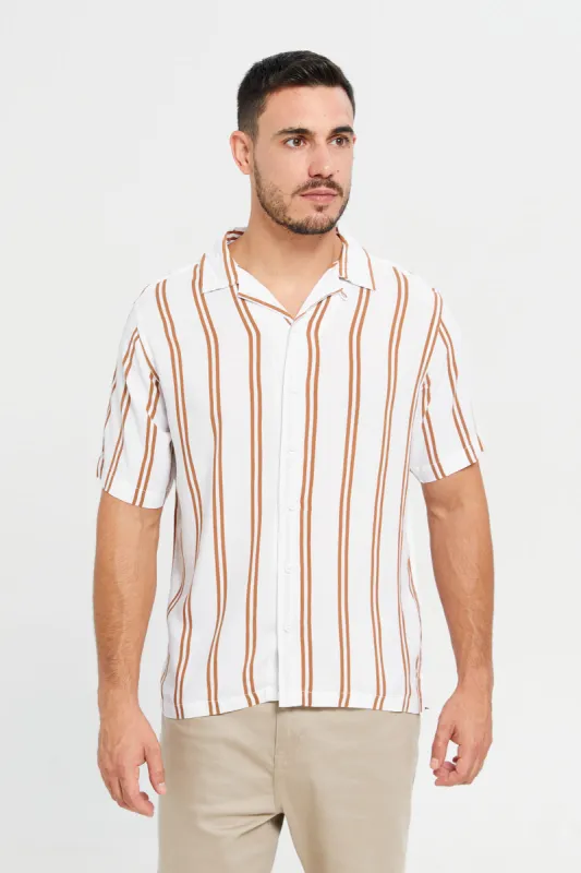 Men White And Orange Striped Resort Shirt sold by Redtag