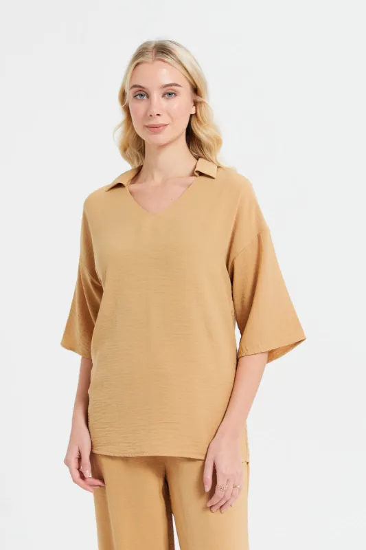 Women Mustered Oversize Shirt Blouse sold by Redtag
