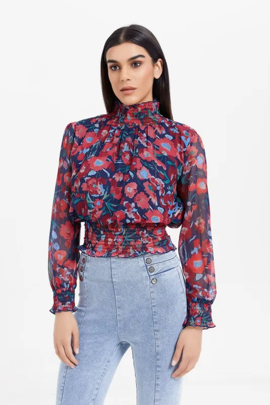 Women Navy Floral Print Blouse sold by Redtag