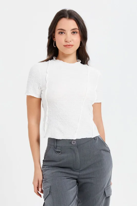 Women Ivory Textured Raw Edge Detailed Top sold by Redtag