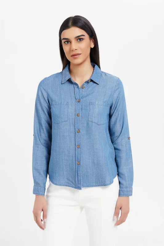 Women Blue Mid Wash Denim Shirt sold by Redtag