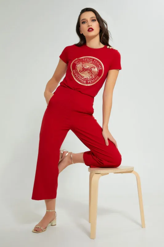 Red Embossed T-Shirt With Shiny Print sold by Redtag