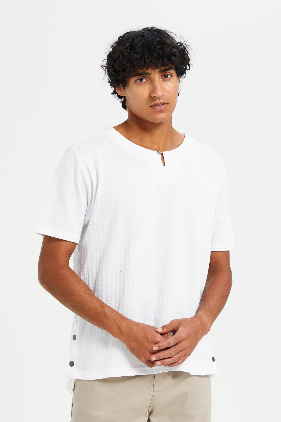 Men White Jacquard T-Shirt With Buttons sold by Redtag