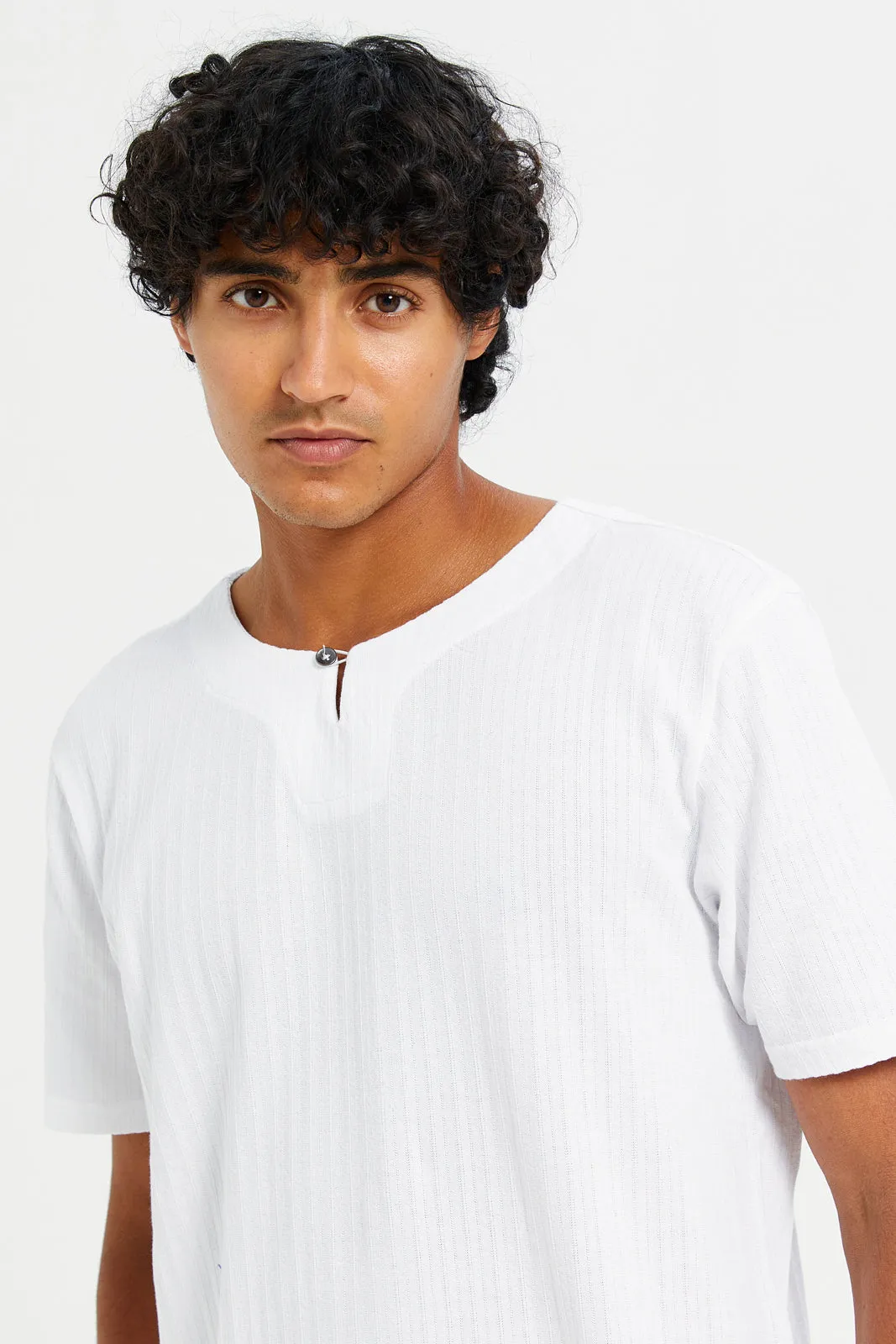 Men White Jacquard T-Shirt With Buttons sold by Redtag product image thumbnail 4