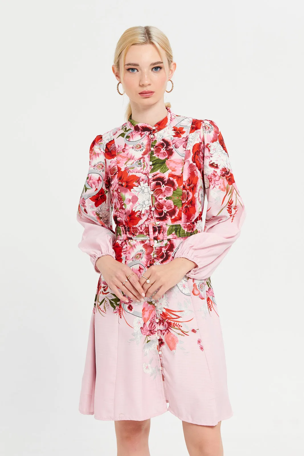 Women Red Floral Printed Buttoned Dress sold by Redtag