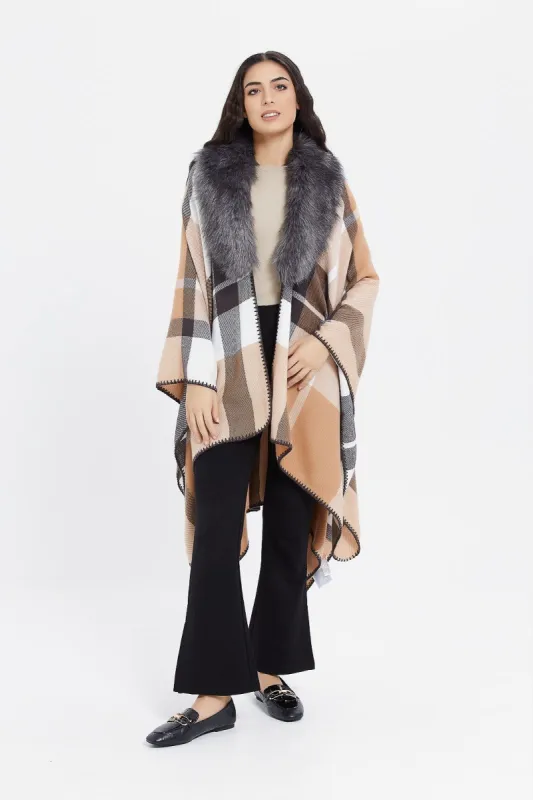Women Checked Poncho With Fur Trim sold by Redtag