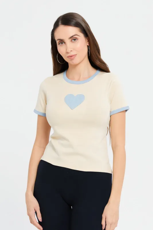 Women Beige Embellished Contrast T-Shirt sold by Redtag