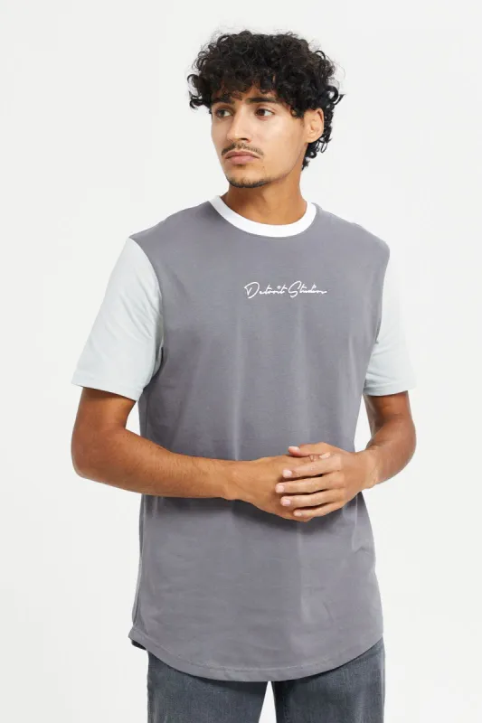 Men Charcoal T-Shirt With Contrast Sleeves sold by Redtag