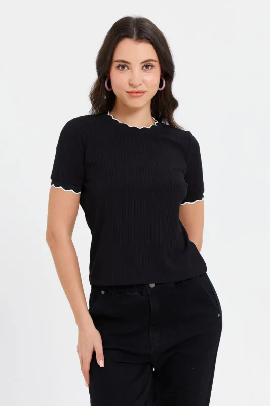 Women Black Ribbed T-Shirt sold by Redtag