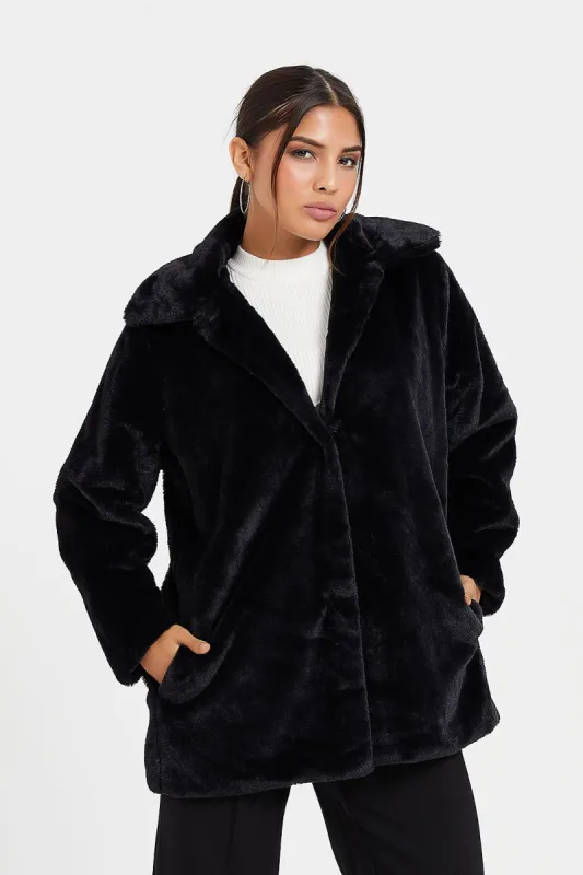 Women Plain Black Long Fur Jacket sold by Redtag