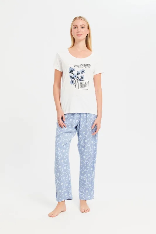 Women White And Blue Printed Pajama Set (2 Piece) sold by Redtag