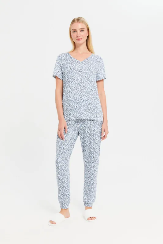 Women White And Blue Printed Pajama Set (2 Piece) sold by Redtag