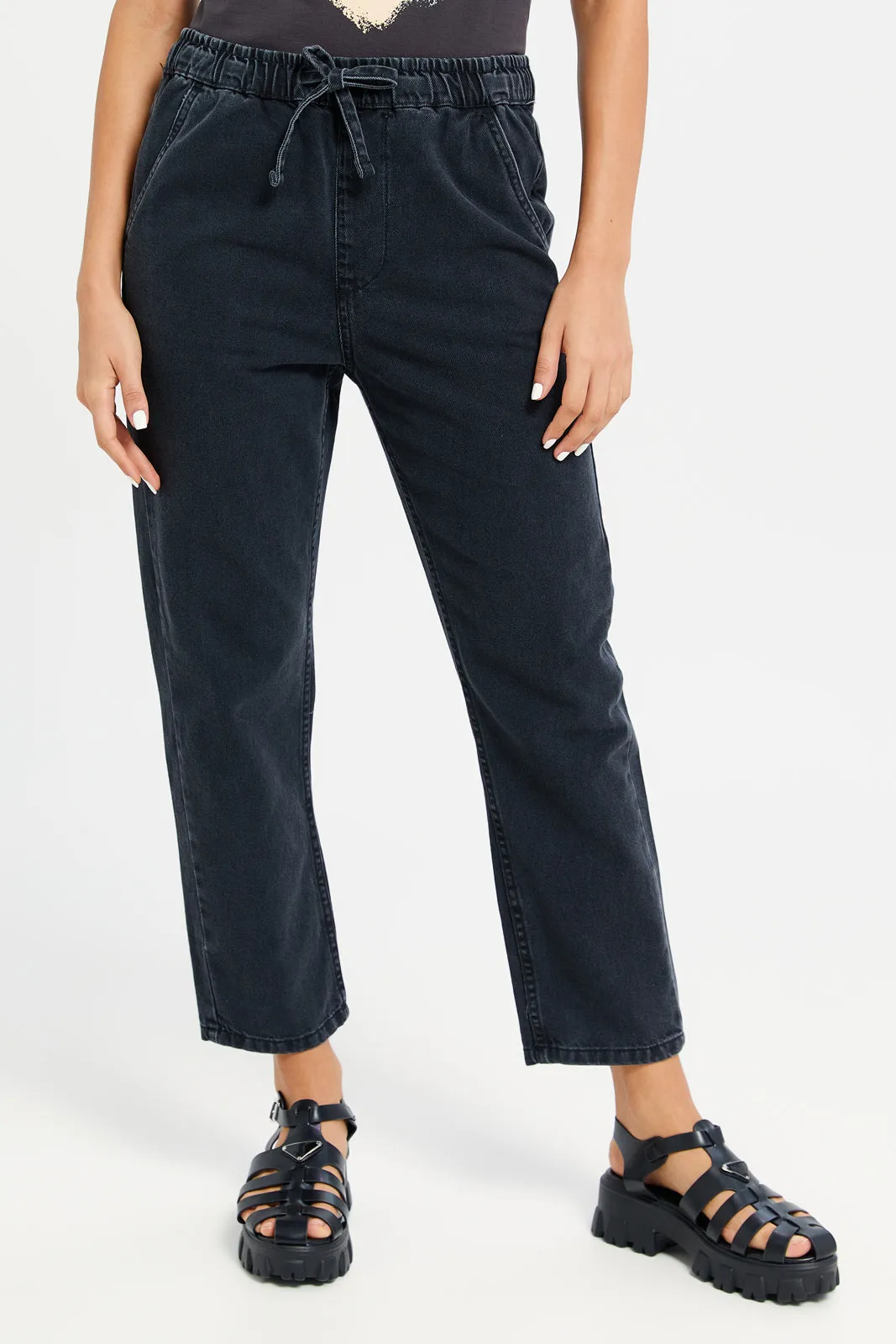 Women Charcoal High Rise Waist Elasticated Baggy Jeans sold by Redtag