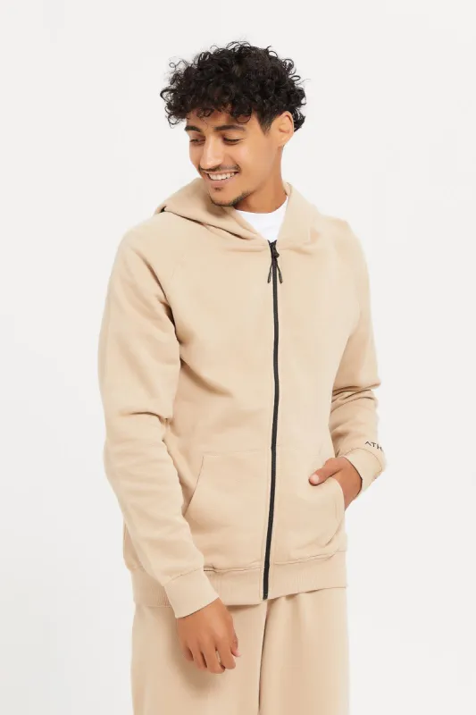 Men Plain Beige Active Zip Through Hooded Sweatshirt sold by Redtag
