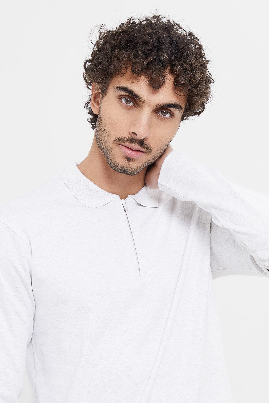 Men Ecru Zip Placket Long Sleeve Polo Shirt sold by Redtag product image thumbnail 4