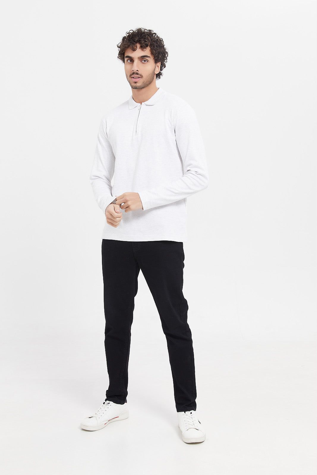 Men Ecru Zip Placket Long Sleeve Polo Shirt sold by Redtag product image thumbnail 2