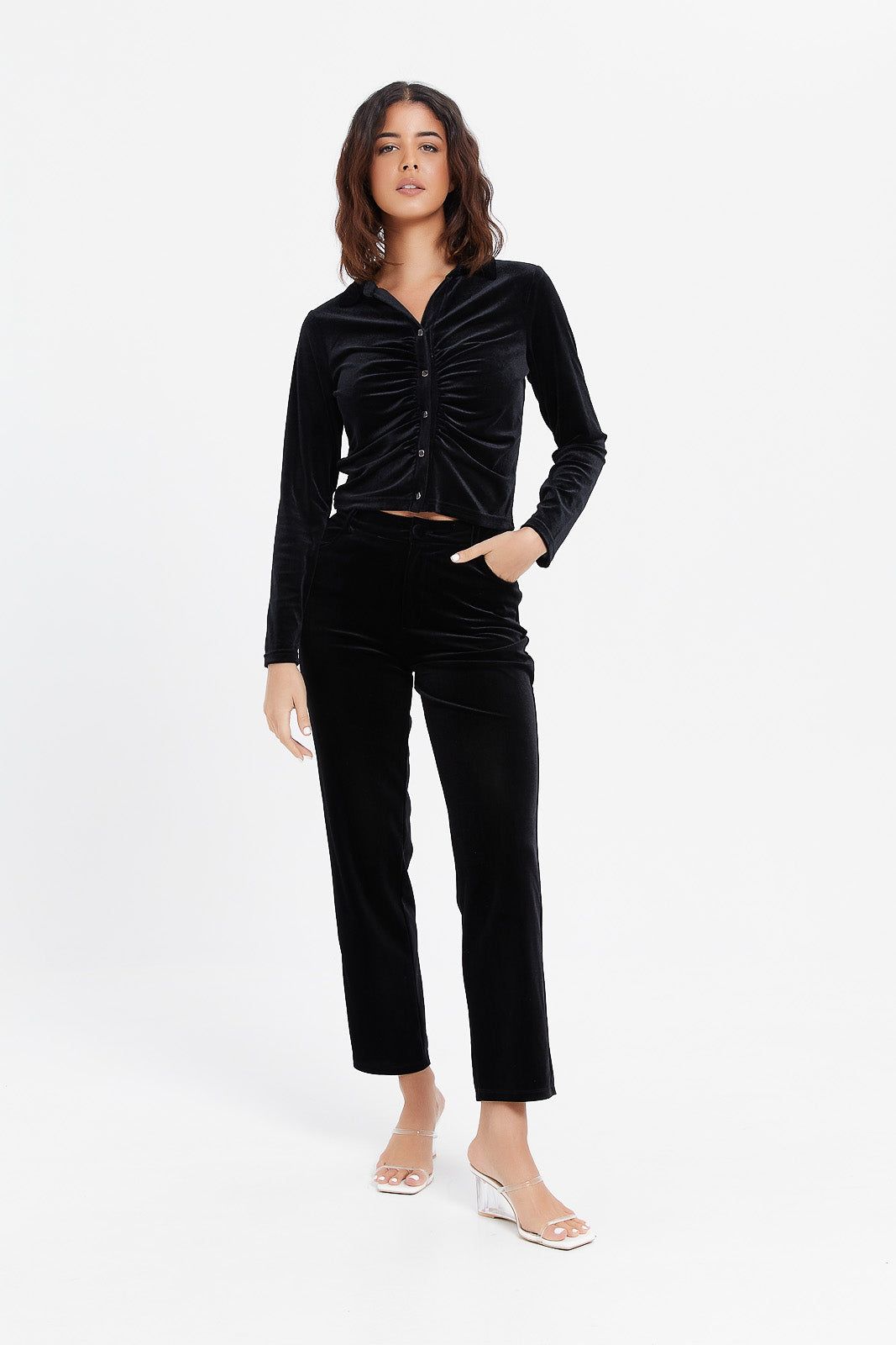Women Black Velvet Rouched Shirt sold by Redtag product image thumbnail 2
