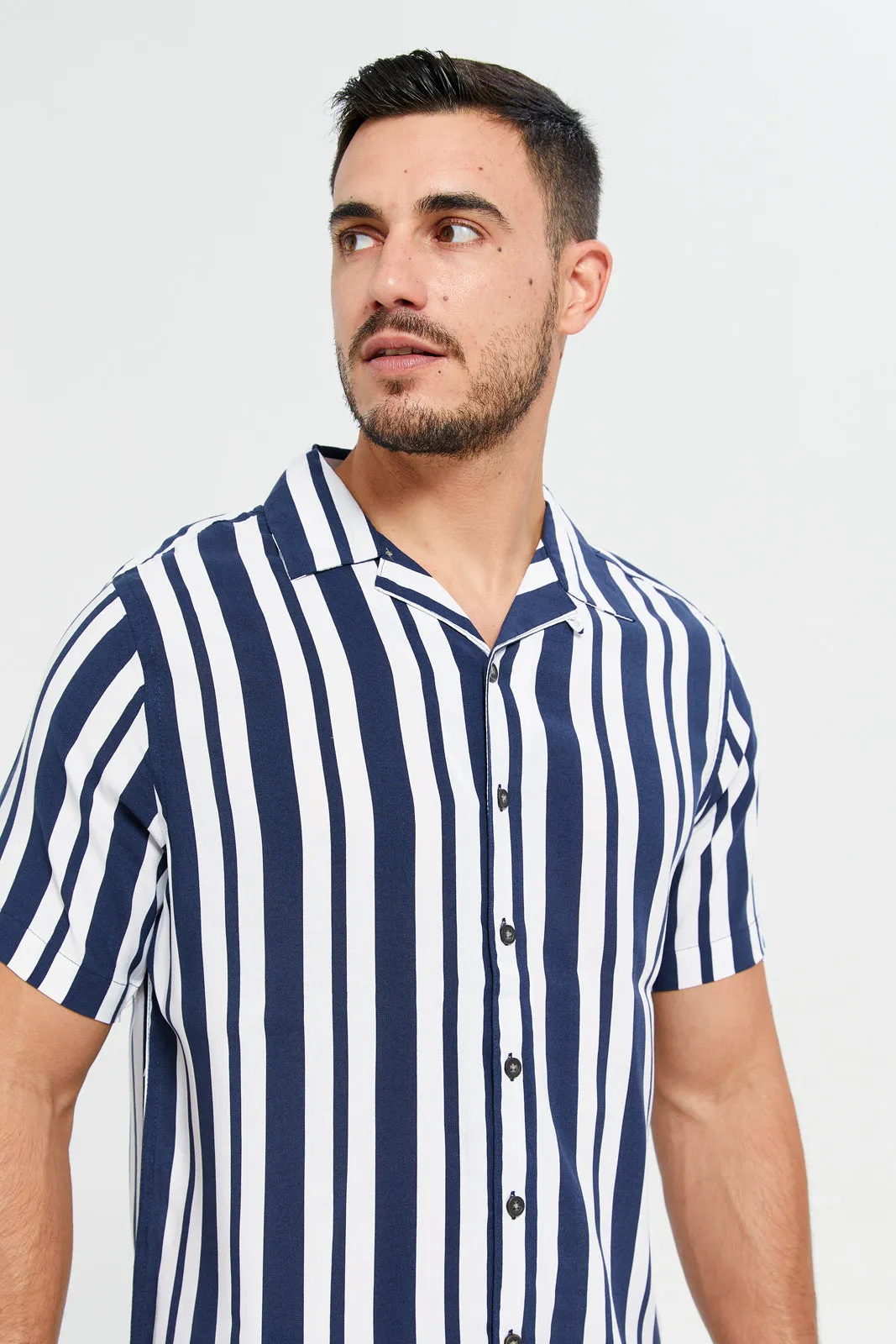 Men White And Navy Striped Resort Shirt sold by Redtag product image thumbnail 4