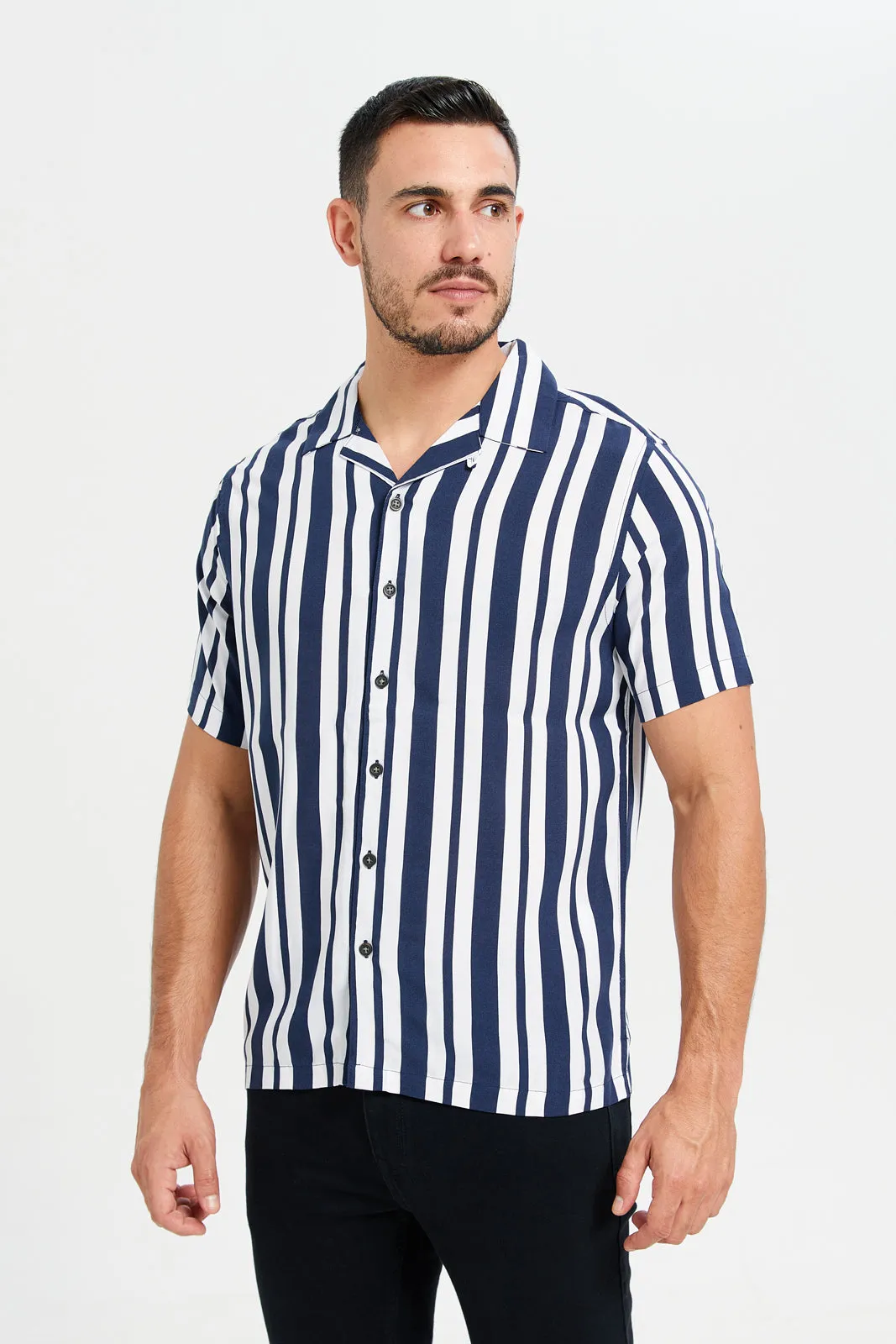 Men White And Navy Striped Resort Shirt sold by Redtag