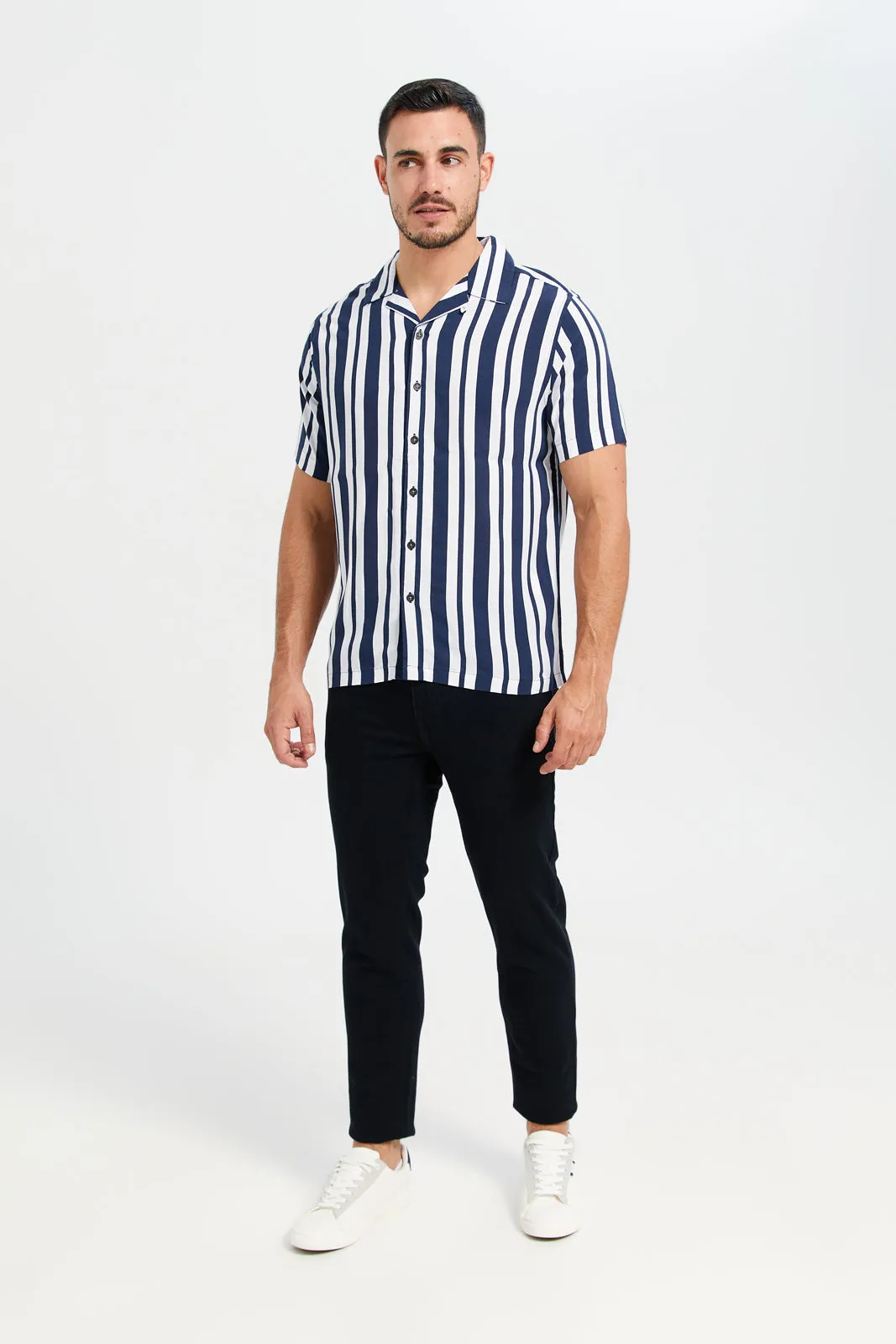 Men White And Navy Striped Resort Shirt sold by Redtag product image thumbnail 2