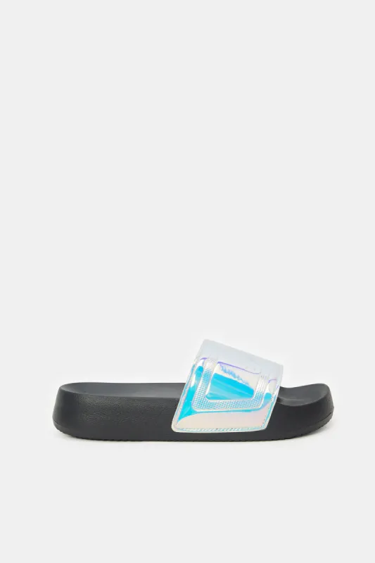 Women Sliver And Black Joy Embossed Slide sold by Redtag