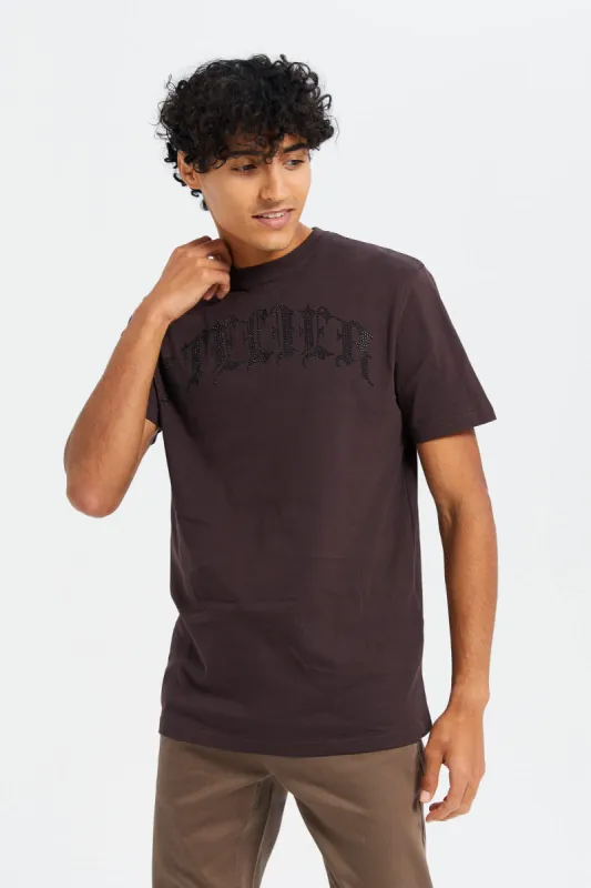Men Burgundy Stud Print T-Shirt sold by Redtag