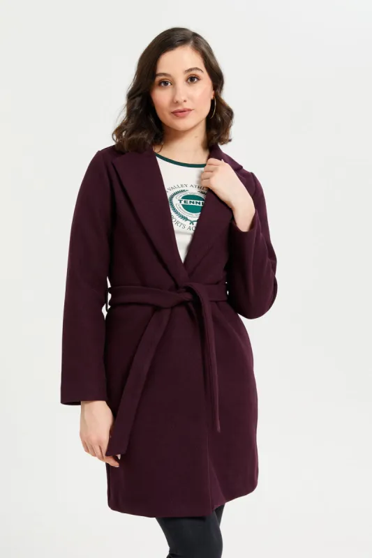 Women Burgundy Long Length Belted Coat sold by Redtag