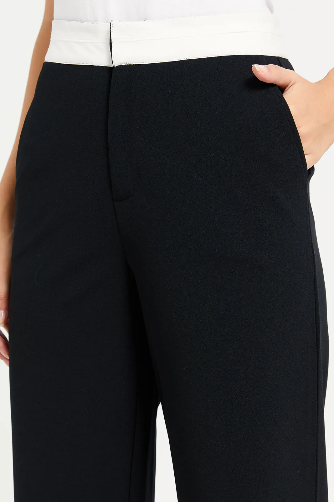 Women Black Contrast Band Trousers sold by Redtag product image thumbnail 4