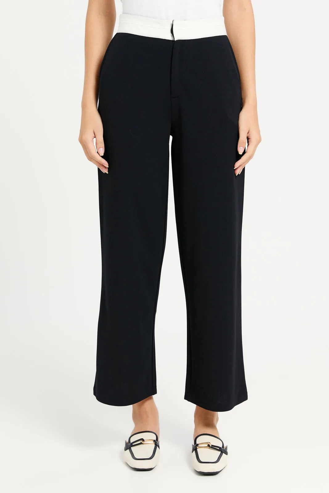 Women Black Contrast Band Trousers sold by Redtag