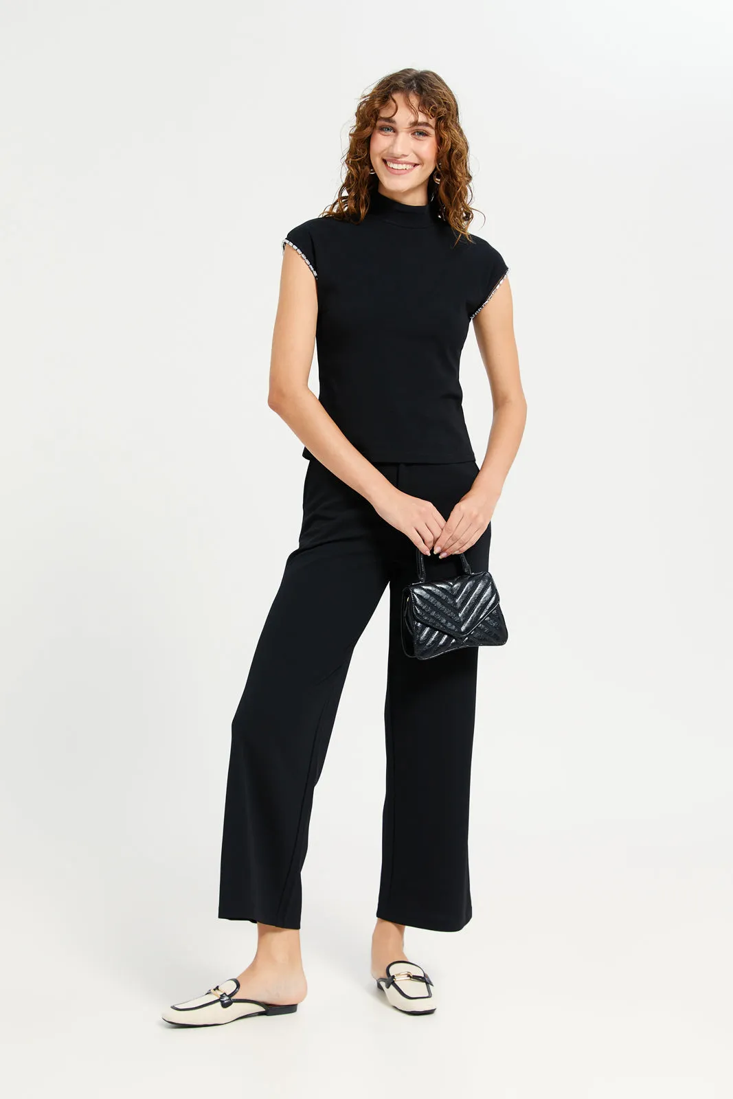 Women Black Contrast Band Trousers sold by Redtag product image thumbnail 2