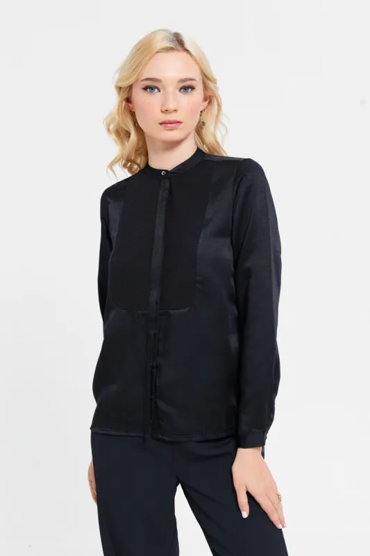 Women Black Bib- Front Shirt Blouse sold by Redtag