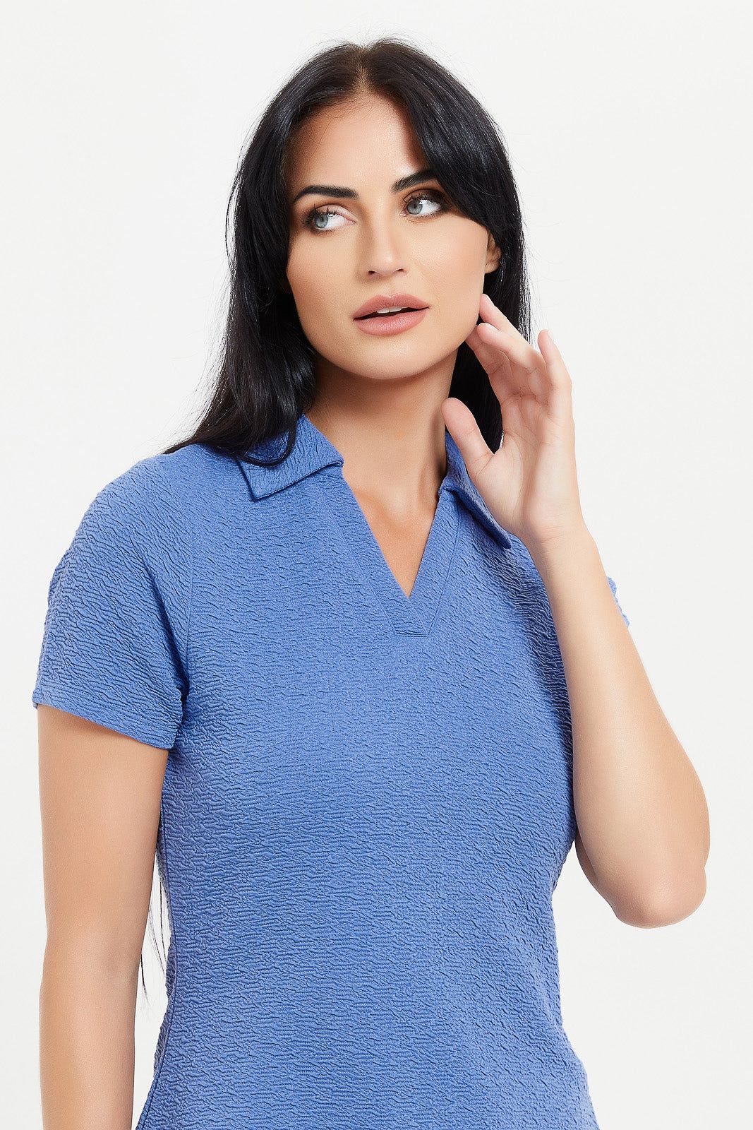 Women Blue Textured Collared Top sold by Redtag product image thumbnail 4