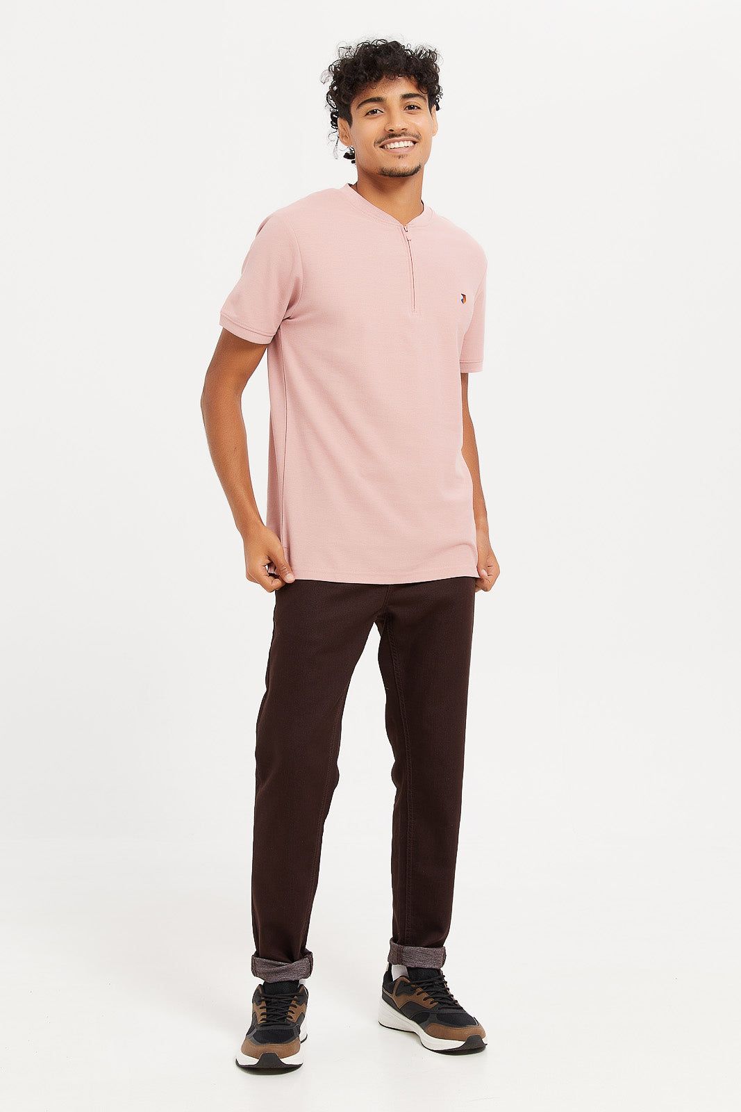 Men Pink Henley Collared Plain Polo Shirt sold by Redtag product image thumbnail 2