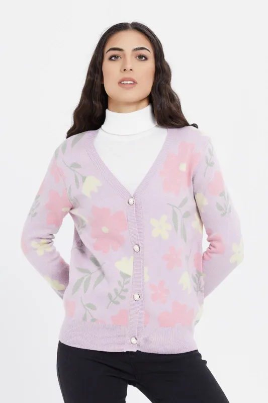Women Lilac Floral Knitted Cardigan sold by Redtag