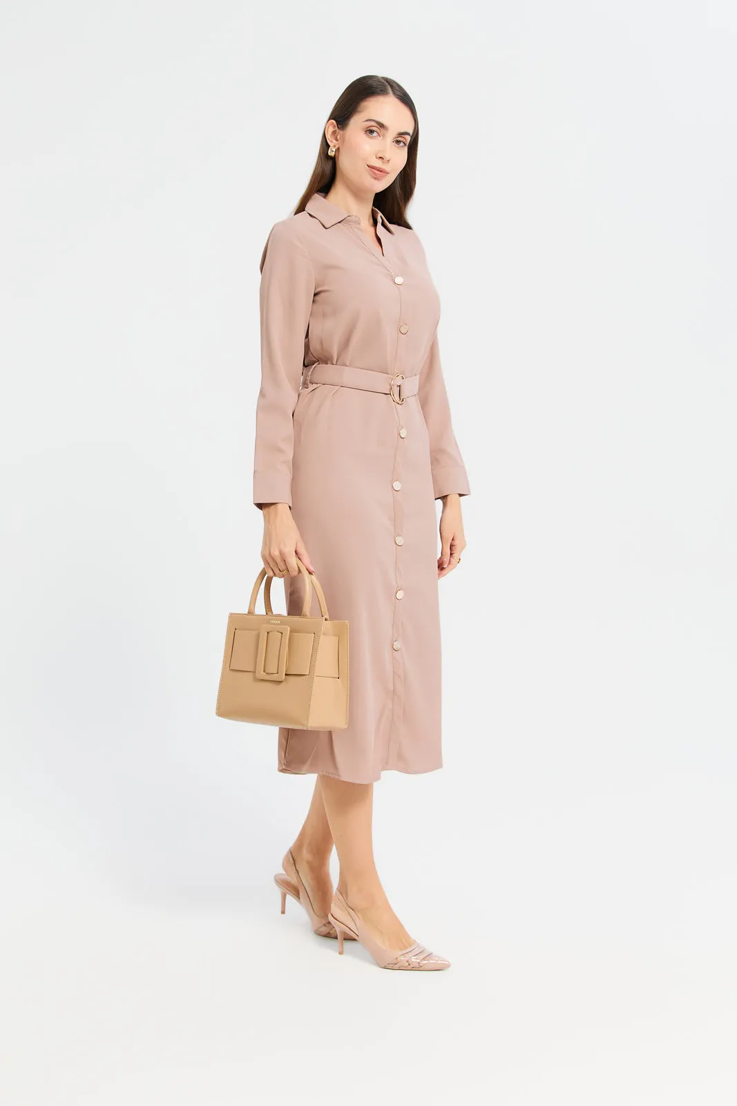 Woman Taupe Belted Shirt Dress sold by Redtag product image thumbnail 4