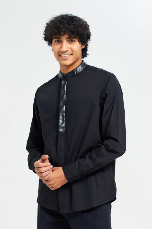 Men Black Shirt With Fux Leather Details sold by Redtag