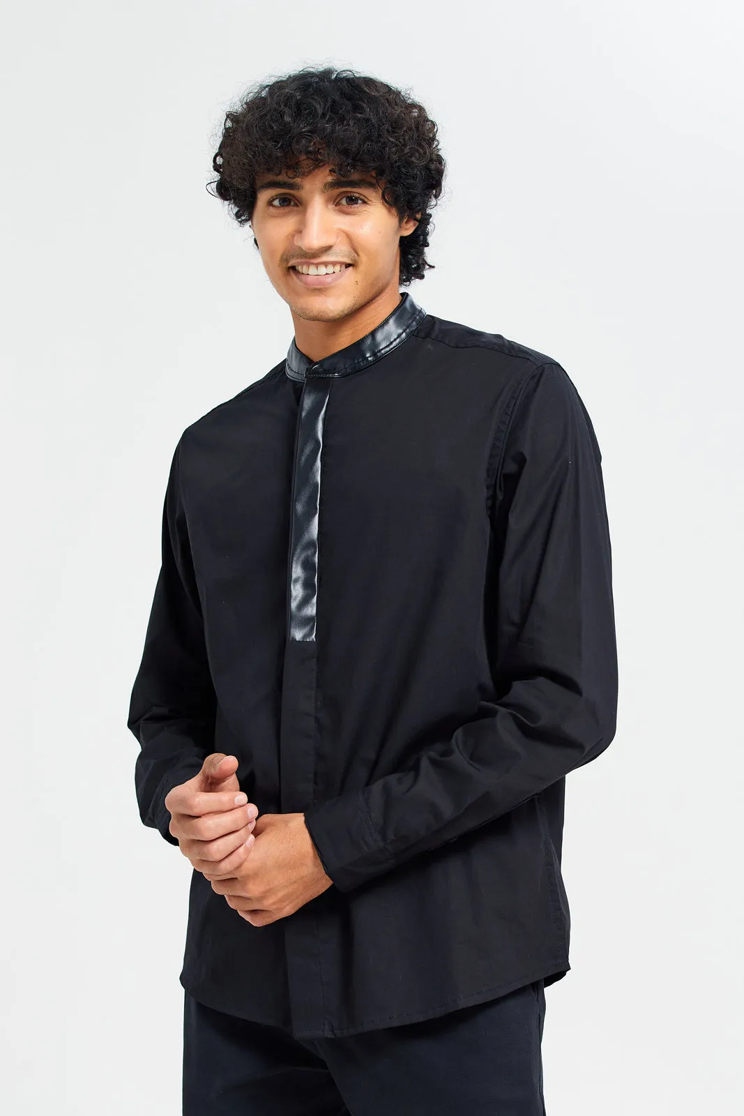 Men Black Shirt With Fux Leather Details sold by Redtag