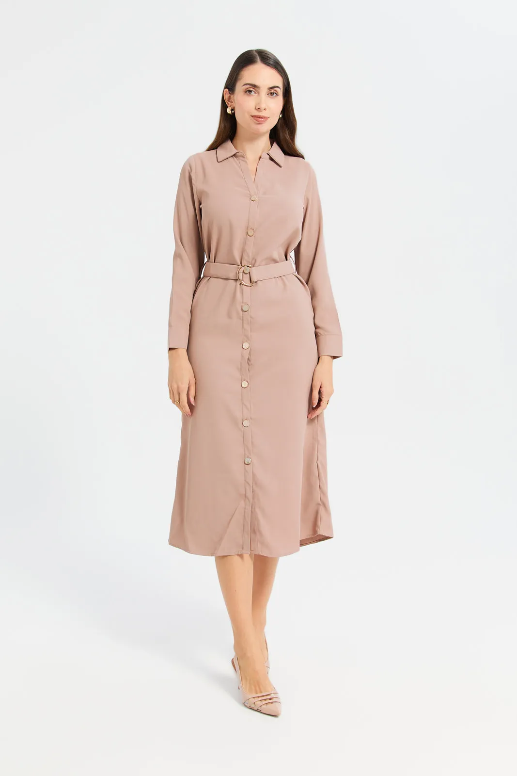 Woman Taupe Belted Shirt Dress sold by Redtag