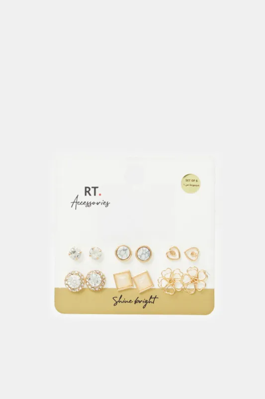 Women Gold Embellished Studs Set (6 Pairs) sold by Redtag