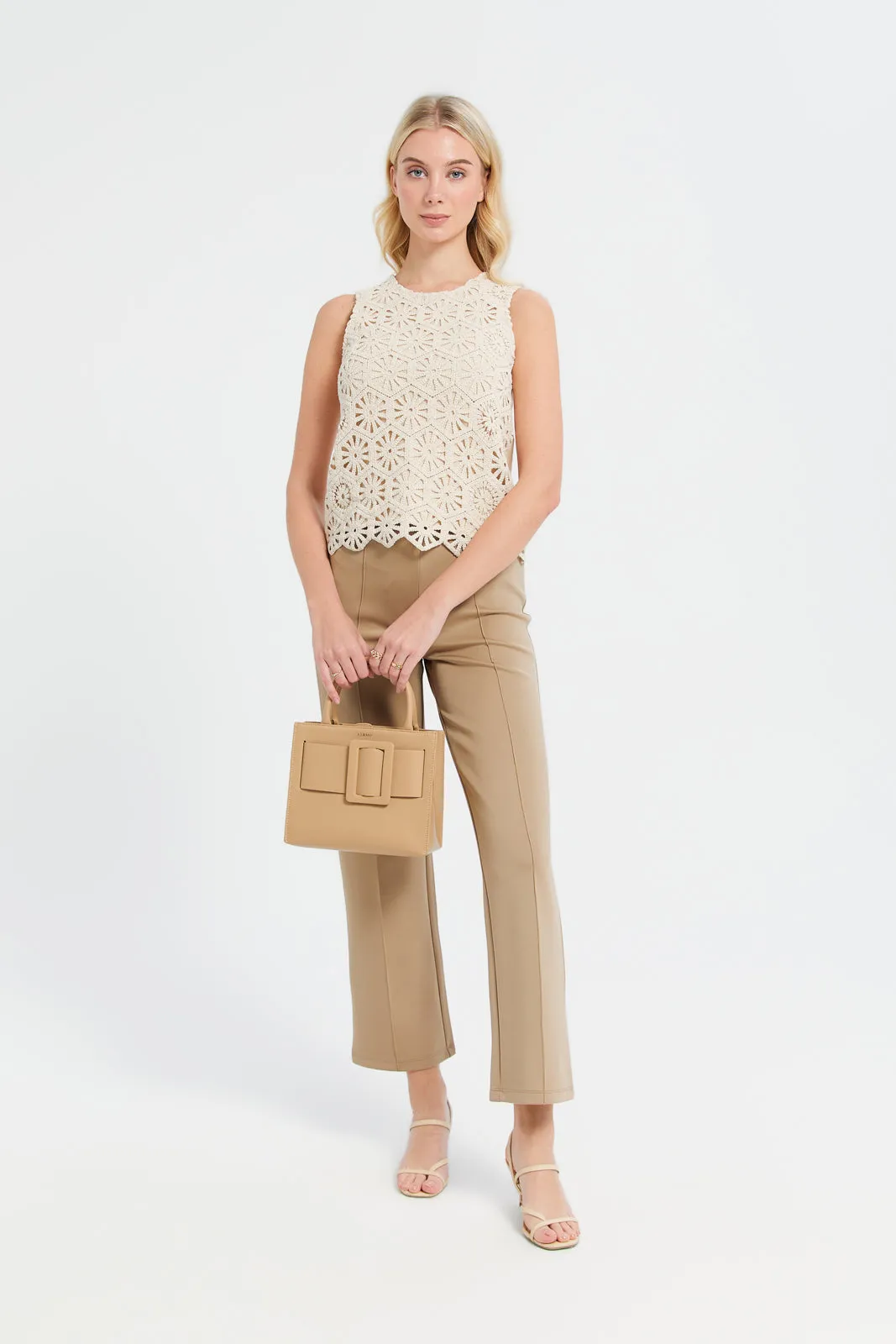 Women Cream Crochet Front Lined Jersey Top sold by Redtag product image thumbnail 2