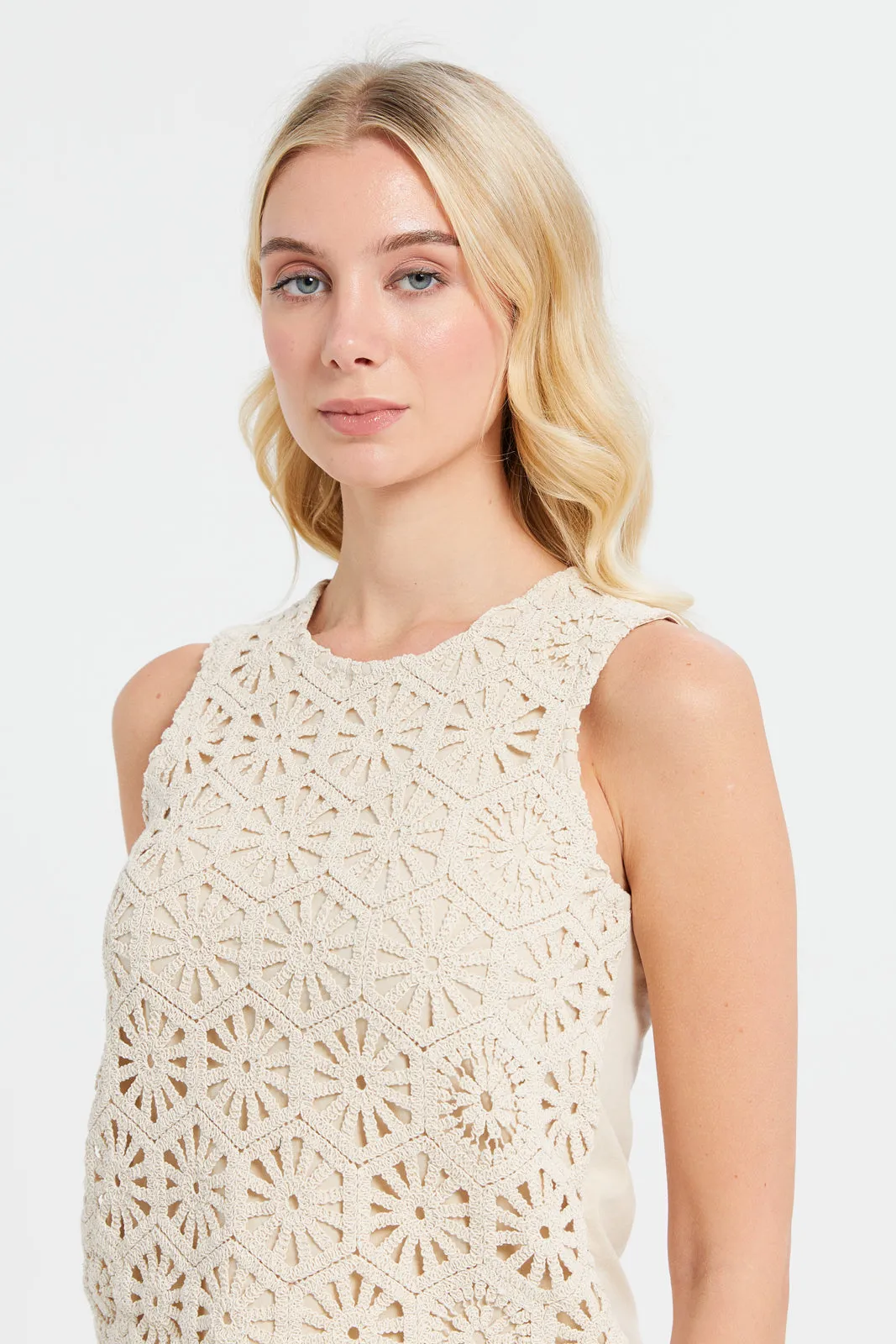 Women Cream Crochet Front Lined Jersey Top sold by Redtag product image thumbnail 4