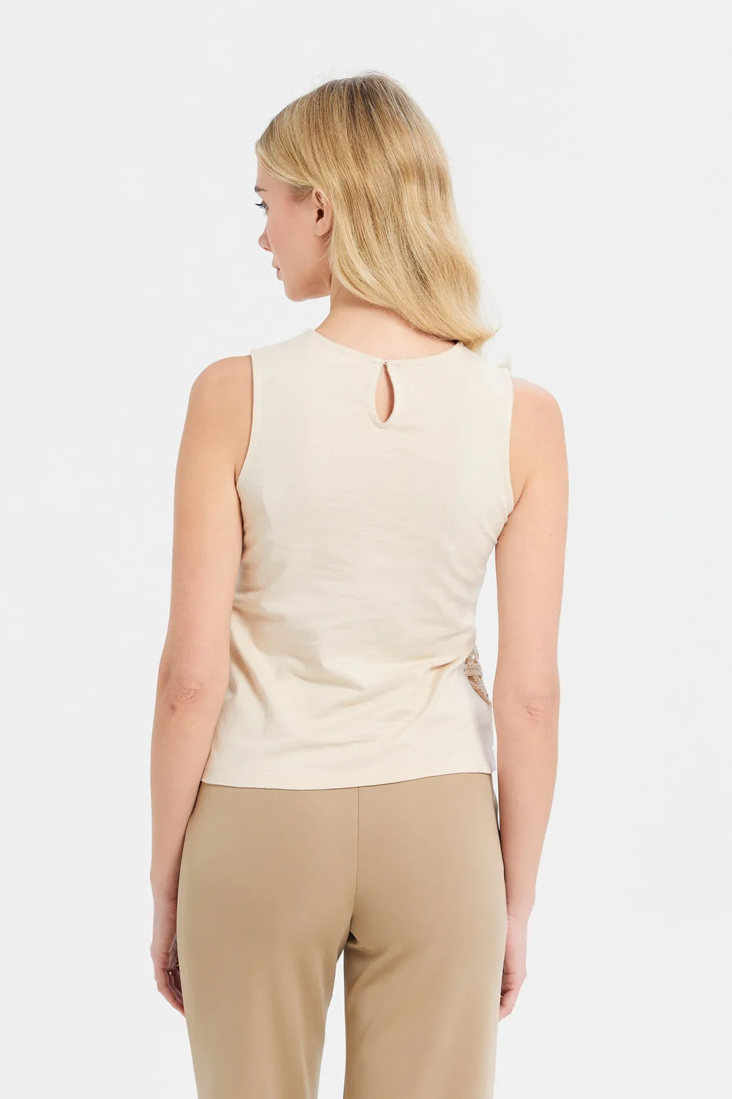 Women Cream Crochet Front Lined Jersey Top sold by Redtag product image thumbnail 3