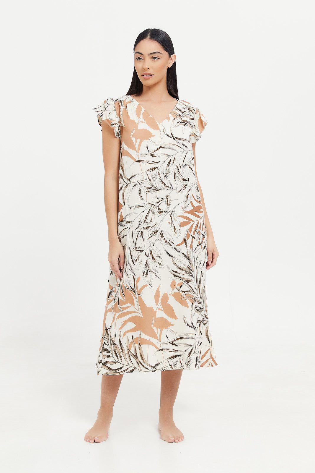 Women Ivory Printed Cap Sleeves Nightgown sold by Redtag