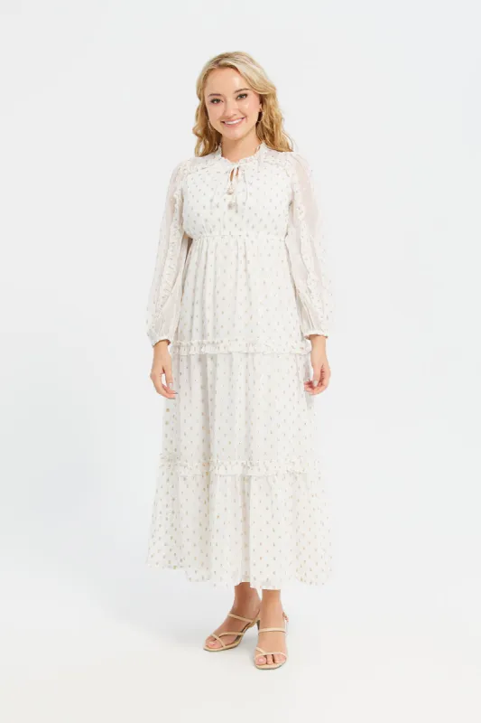 Women Ivory Frill Detailed Lurex Jacquard Dress sold by Redtag