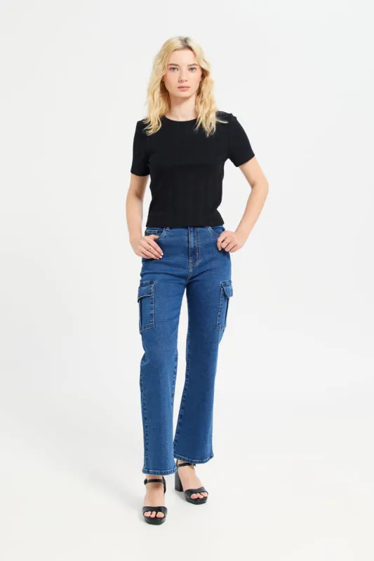 Women Blue Wide Leg Belted Cargo Jeans sold by Redtag