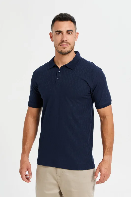 Men Navy Jacquard Polo T-Shirt sold by Redtag