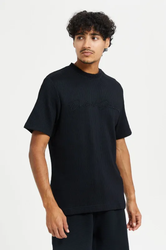 Men Black Jacquard Short Sleeve T-Shirt sold by Redtag