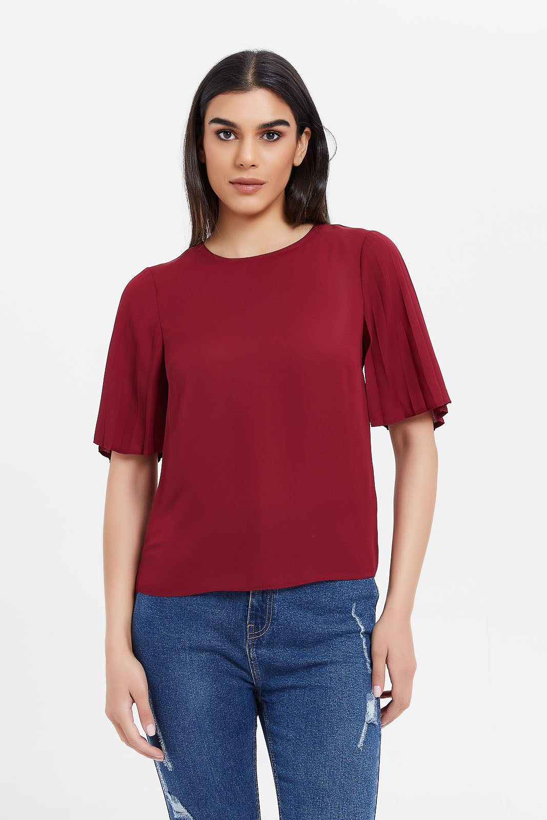 Women Red Pleated Sleeve Blouse sold by Redtag